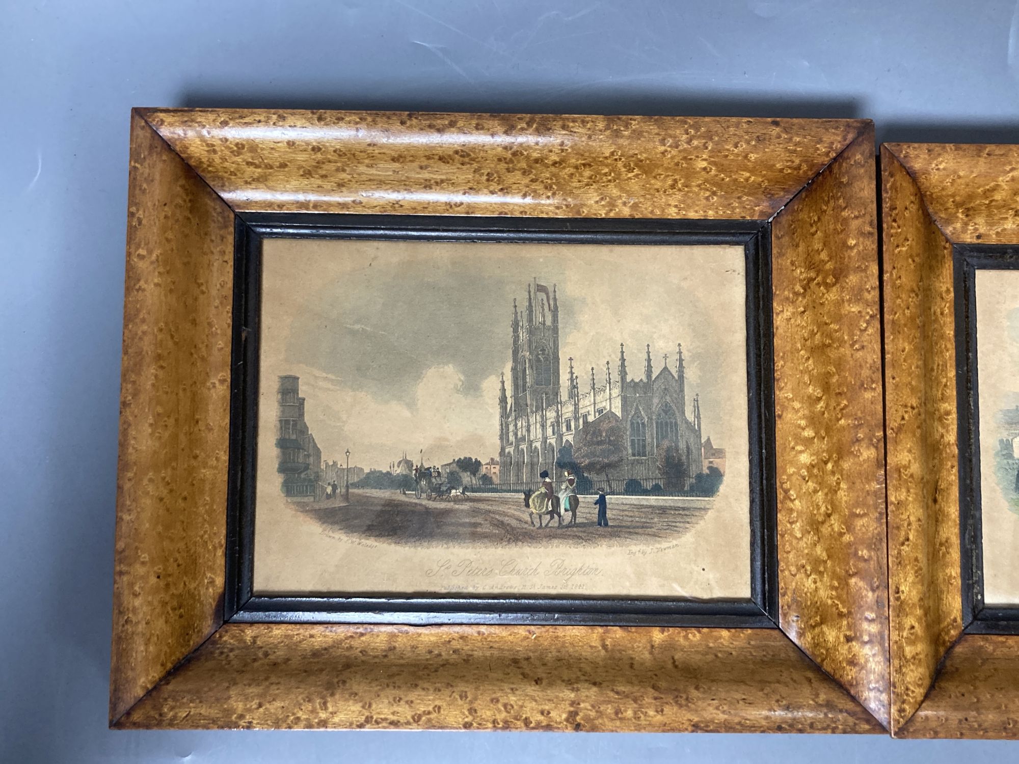 A pair of 19th century coloured prints of Brighton - St Peters Church and St Nicholas Paris Church, both maple framed, 11.5 x 16.5